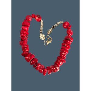 Red Bamboo Coral Chunky Necklace Etched Silver-Tone Accents 21" Long 218g
